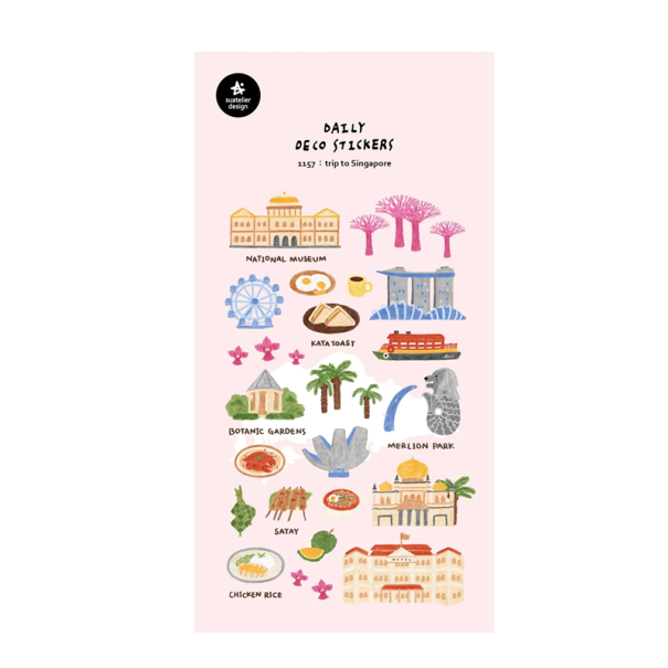 Samolepky Singapur cestovní motivy památky 9,2x15 cm PVC růžové dekorativní nálepky do diáře scrapbooku alba notesu 1