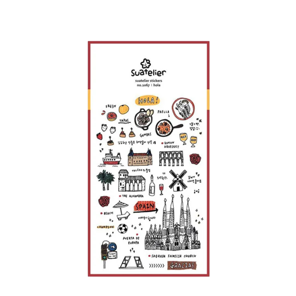 Samolepky Španělsko cestovní motivy 9,2x15 cm PVC bílé dekorativní nálepky s památkami a jídlem do diáře scrapbooku 1
