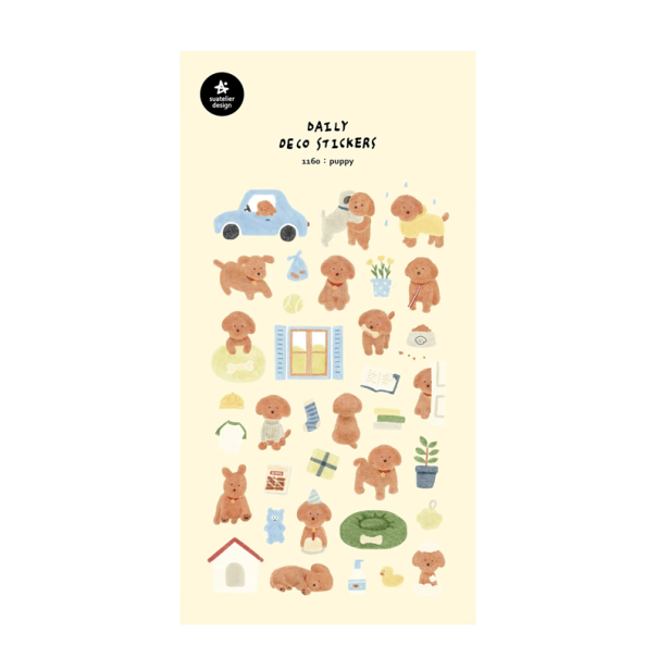 Samolepky štěně a pejsek motivy 9,2x15 cm papír béžové dekorativní nálepky do diáře scrapbooku notesu alba 1