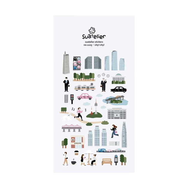 Samolepky velkoměsto městské motivy arch 9,2x15 cm matný papír šedobarevné s budovami pro diář scrapbook a zápisník 1