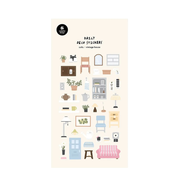 Samolepky vintage nábytek dekorativní arch 9,2x15 cm papírové béžové s ilustracemi interiéru pro diář a scrapbook zápisník 1