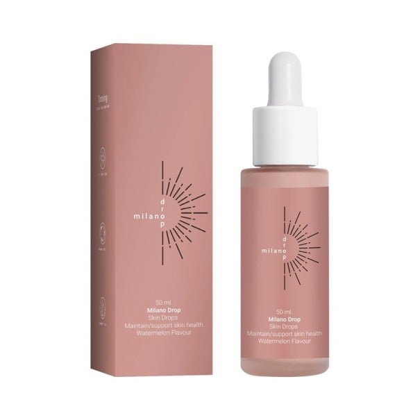 Samoopalovací kapky do pití s příchutí vodního melounu 50 ml ve skleněné lahvičce s kapátkem pro podporu pleti při opalování 1
