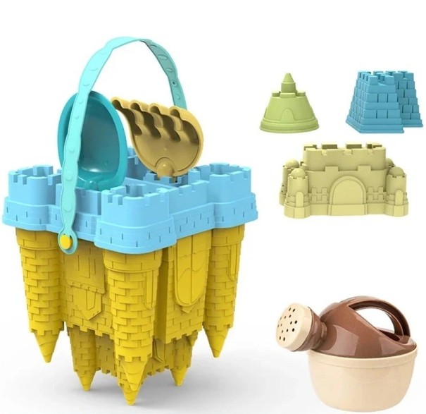 Sand- und Wasserspielzeugset mit Eimer 29 × 18 cm, plastisches blau-gelbes Set für Kinder am Strand und im Sandkasten