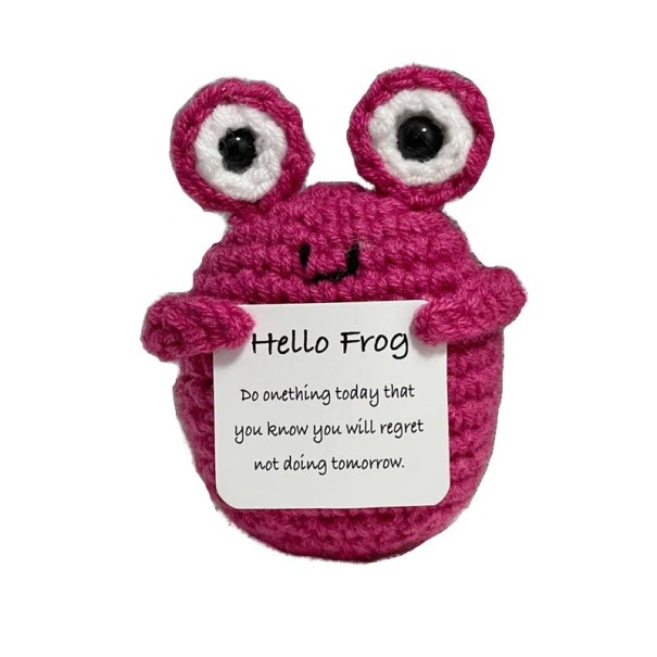 Sapo de croché com mensagem positiva Sapo feito à mão com frase de sorte Decoração para alegria Presente para bem-estar rosa