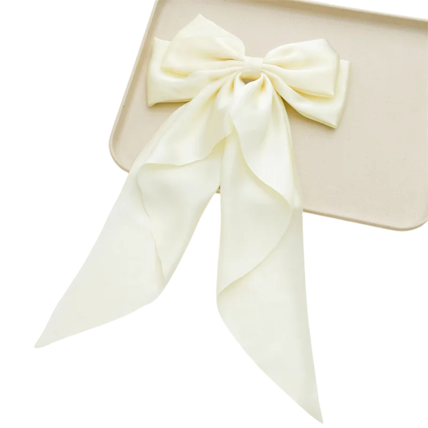 Satin hårsløjfe 36 x 21 cm Elegant hårpynt Damemodetilbehør Blød glans Stilfuld binding Behagelig at have på hvid