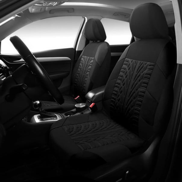 Satz Autositzbezüge für 5 Sitze 9 Stück Universelle Bezüge mit Reifenabdruck Polyester Kompatibel mit Airbags im Auto schwarz