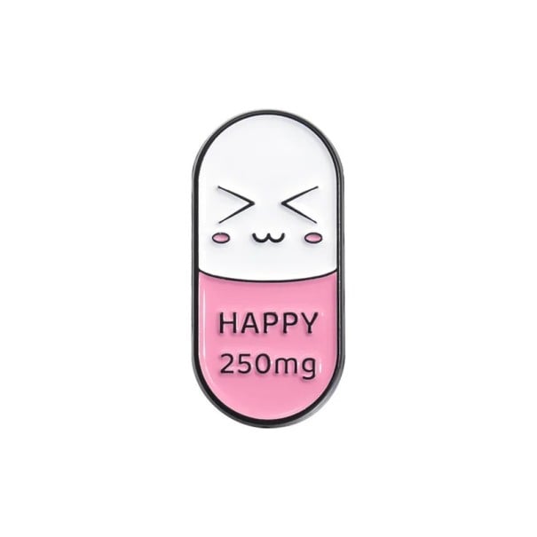 Savetettu pinni kapselin muodossa, jossa on kasvot 3 × 1,3 cm metallinen rintaneula valkoisen ja vaaleanpunaisen tekstin HAPPY 250mg sarjakuvamainen 1