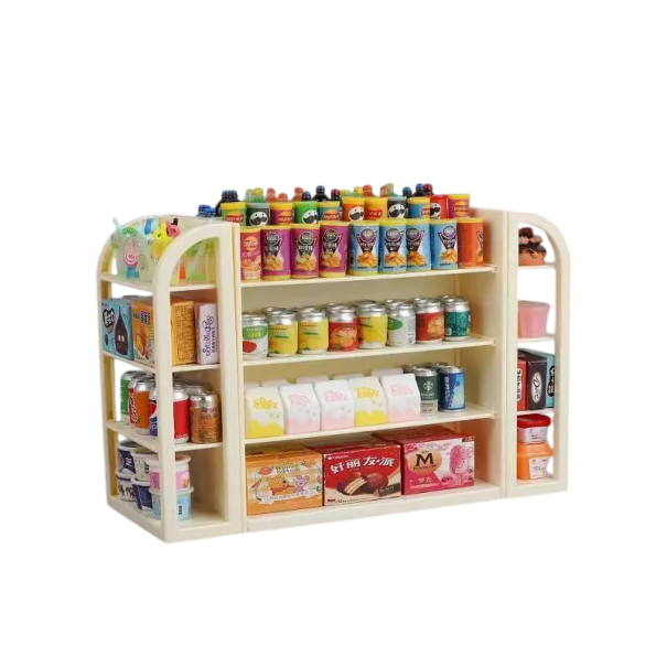 Scaffale marrone chiaro 4 ripiani Mini supermercato con 30 pezzi di cibo e bevande Giocattolo simulativo per bambini Banco per giocare al negoziante 1