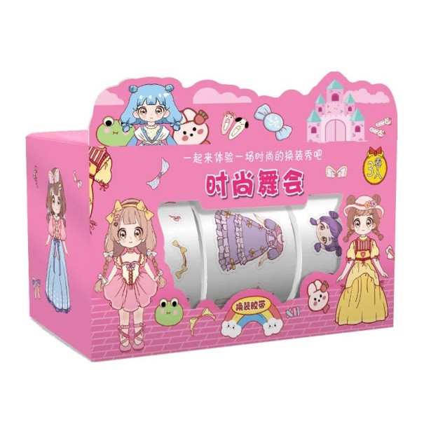 Scatola con adorabili nastri adesivi 4,2 x 4,2 x 8 cm Bambola con abbigliamento e accessori, adesivi per carta e parete, acconciature, abbigliamento 1