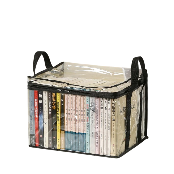 Scatola di stoccaggio pieghevole trasparente 32 x 24 x 25 cm in plastica con coperchio e maniglie per l'organizzazione di abbigliamento, libri e articoli per la casa nero