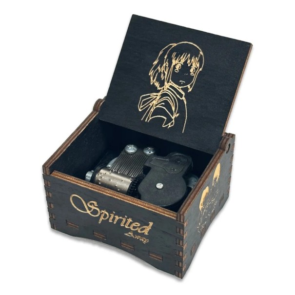 Scatola musicale in legno con motivo anime ragazza a carica manuale 6,4 × 5,2 × 4,2 cm compensato nero incisione decorazione regalo 1