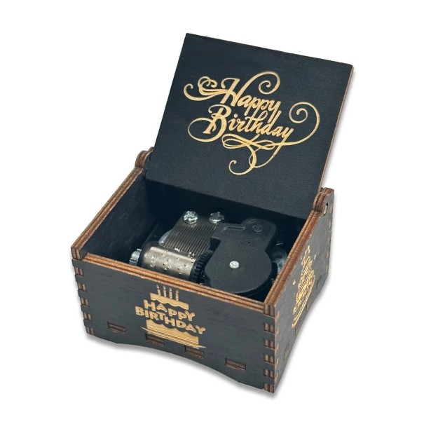 Scatola musicale in legno Happy Birthday a carica manuale 6,4 × 5,2 × 4,2 cm compensato nero con incisione regalo di compleanno 1