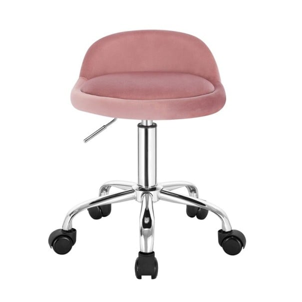 Scaun de birou rotativ cu roți și spătar jos, înălțime 53-64,5 cm, șezut 44 cm, catifea și metal, capacitate de încărcare de până la 120 kg, pentru birou roz