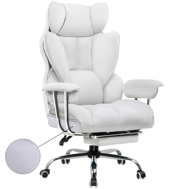 Scaun de gaming cu suport pentru picioare extensibil și spătar înalt, înălțime 115 - 124 cm, umplutură din bumbac PP, scaun de birou ergonomic rotativ pentru PC alb