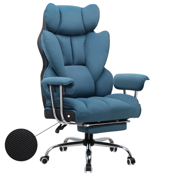 Scaun de gaming cu suport pentru picioare extensibil și spătar înalt, înălțime 115 - 124 cm, umplutură din bumbac PP, scaun de birou ergonomic rotativ pentru PC albastru