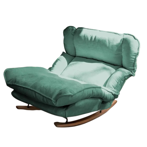 Scaun de leagăn spațios pentru relaxare cu perne voluminoase, dimensiuni 93 x 73 cm, picioare din lemn, pentru living și zonă de relaxare verde