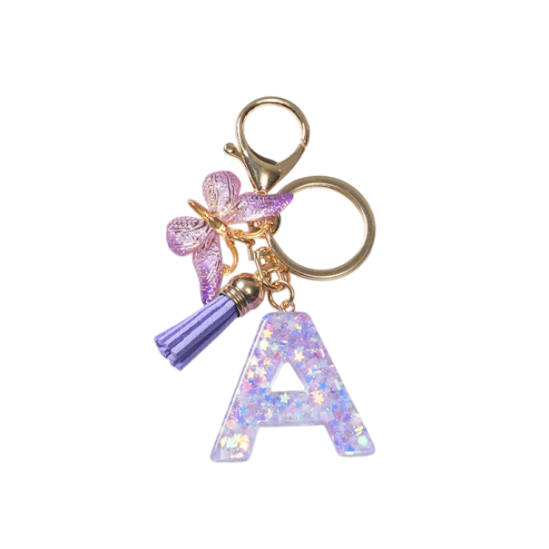 Schlüsselanhänger 4 cm Harz Schlüsselanhänger Lila Initialen und Schmetterling Dekorative Verzierung für Handtasche Rucksack Geschenk für Frauen A