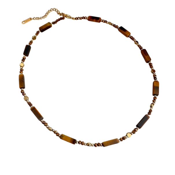 Schmuckkette 40 cm + 6 cm in Goldfarbe mit bunten Steinen in Tigeraugenoptik, feiner Halsreif mit Perlen und Steinen 1