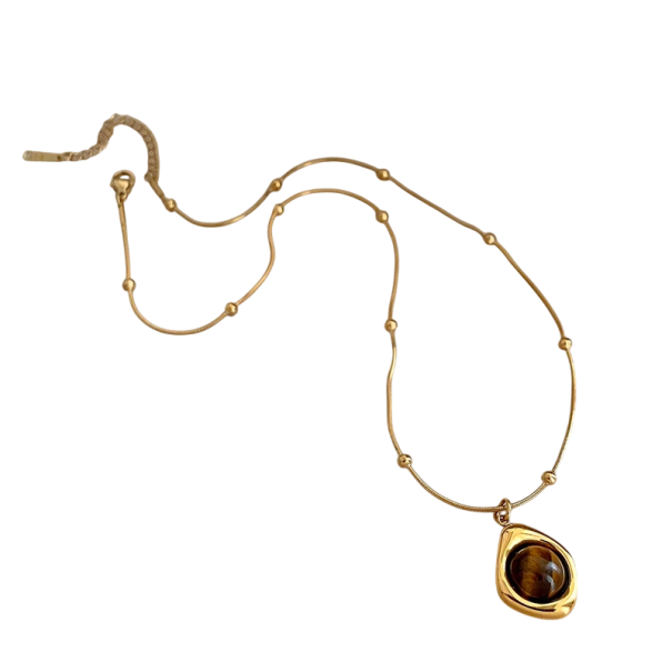 Schmuckkette 41 cm + 6 cm in Goldfarbe mit buntem Stein im Tigeraugen-Look, feine Kette mit Kügelchen Anhänger 1