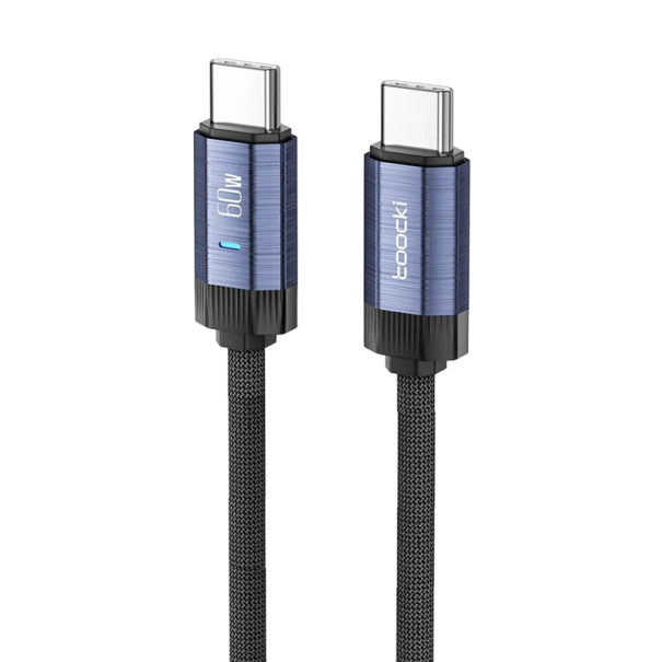 Schnellladekabel USB C auf USB C, 2 m, 60 W, 48 V, 5 A, LED-Licht, Doppelanschluss, PD3.1, 480 Mbit/s, Datensynchronisierung, Typ-C-Geräte blau