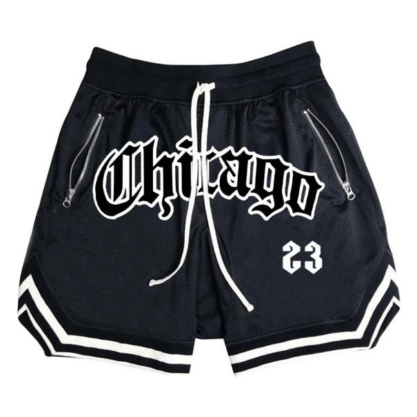 Schnelltrocknende Sportshorts für Herren, Chicago Basketball, Fitness-Shorts mit Reißverschlusstaschen, lockere Trainingsshorts für den Sommer schwarz S