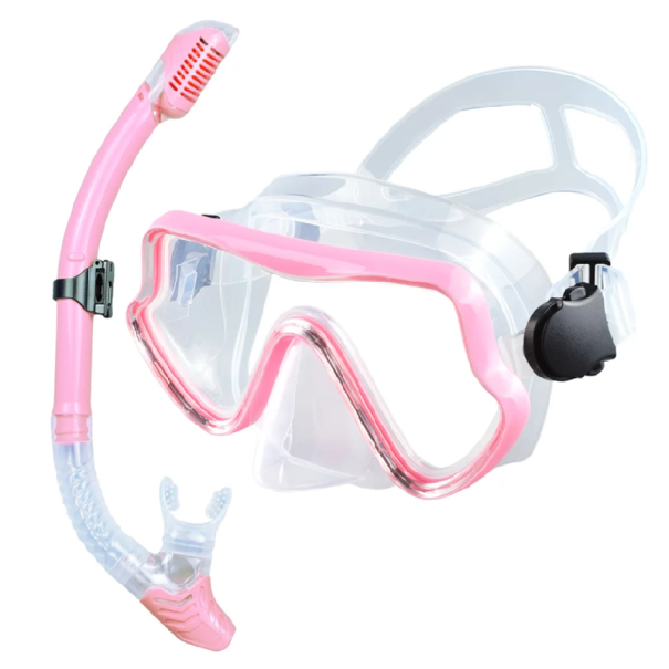 Schnorchelset Brille 16,5 x 8,8 cm mit Silikonabdichtung und gehärtetem Glas + Schnorchel 43 cm mit Luftventil rosa