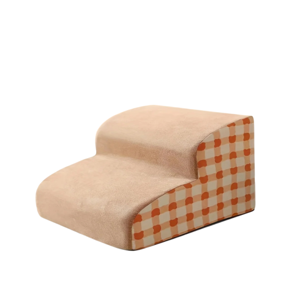 Schody pro domácí mazlíčky kostkovaný vzor 2 stupně 40x40x30 cm textilní schůdky k posteli a pohovce pro psy kočky meruňková