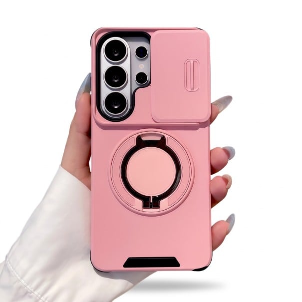 Schokbestendig pantserhoes voor Samsung Galaxy S26 Met uitschuifbare ronde standaard Schuifklep voor de camera Polycarbonaat en TPU roze