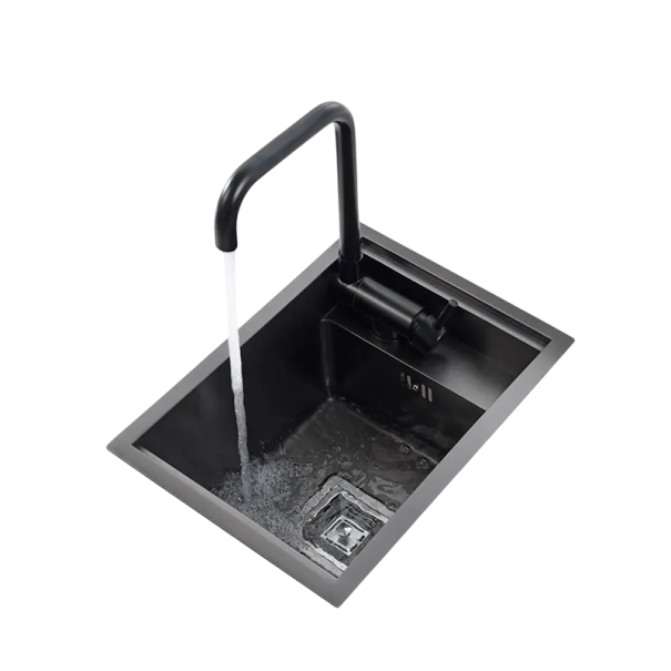 Schovaný kuchyňský dřez do linky 45 x 30 cm s krytem a sklopnou baterií v černé barvě s odtokovým ventilem a odpadní hadicí 1