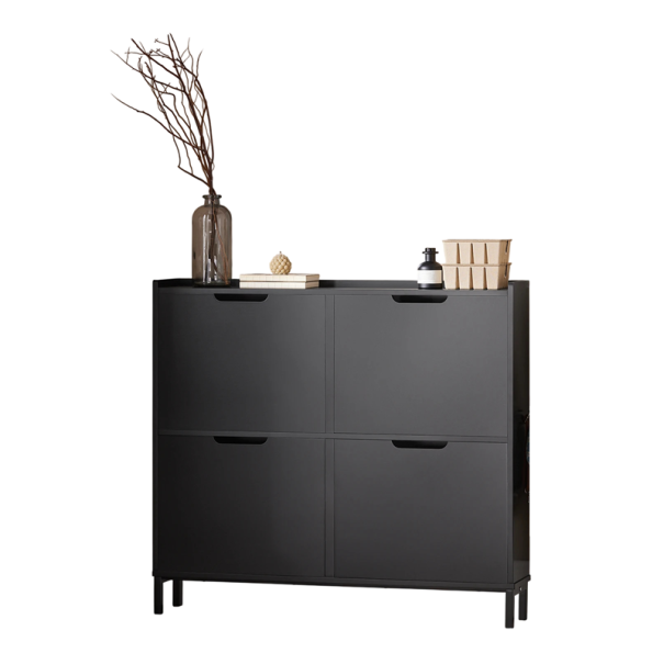 Schuhschrank mit 4 Klappen und 8 Regalen 100 x 90 x 19 cm geräumige Kommode für den Flur mit einer Tragfähigkeit von 60 kg auf Metallfüßen schwarz