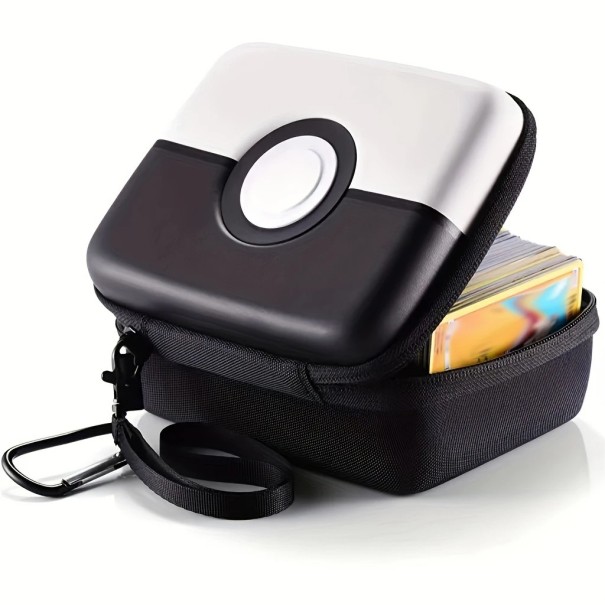 Schützendes Hardcase für Sammelkarten mit Pokéball-Motiv, Fassungsvermögen über 400 Karten, Reißverschluss, Schlaufe und Karabiner schwarz