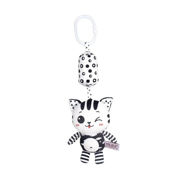 Schwarz-weißes Hängespielzeug für Babys 32 x 8 cm Plüschkatze mit Glöckchen und Clip für Kinderwagen, Kinderbett, Autositz, Entwicklungsrassel 1