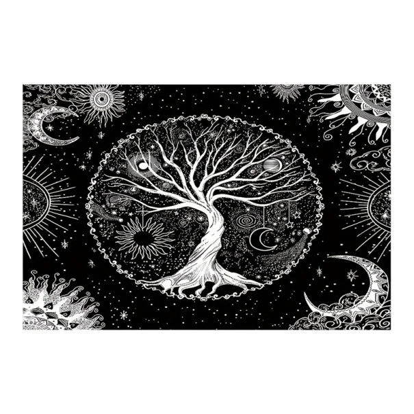 Schwarze böhmische Wandteppich Baum des Lebens Sonne Mond Stoff Wanddekoration Wohnaccessoire Hintergrund für die Wand Waschmaschinengeeignet 1