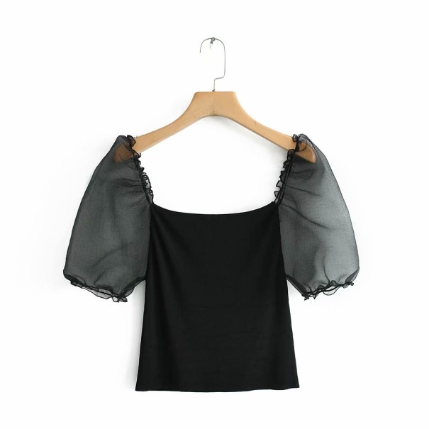 Schwarze Damenbluse mit durchscheinenden Ärmeln M