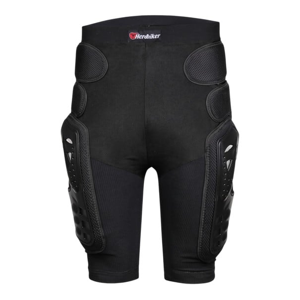 Schwarze Motocross-Shorts bis zum Knie mit festen Oberschenkelprotektoren und gepolsterten Hüftprotektoren sowie breitem elastischem Bund M
