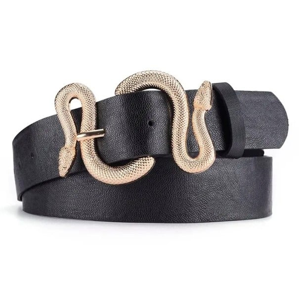 Schwarzer Damengürtel 105 x 3,3 cm PU-Leder Mit goldener Schnalle in Schlangenform Eleganter modischer Gürtel für Kleider und Hosen Stylisches 1
