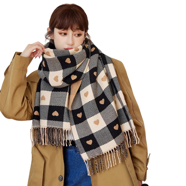 Sciarpa da Donna Sciarpa in Poliestere con Semplice Motivo a Quadri e Cuori e Frange Termica Elegante Accessorio Moda Sciarpa Stile e Confortevole per Uso Quotidiano nero