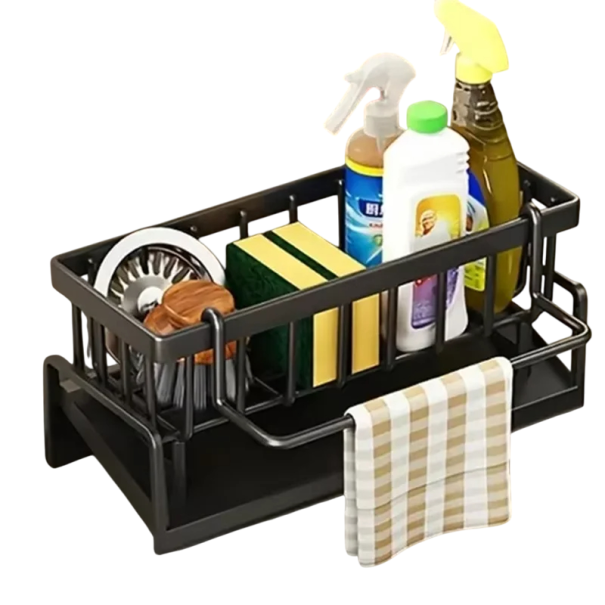 Scolapiatti multifunzionale per spugne e utensili da cucina Organizzatore da cucina Supporto pratico con scomparti Design moderno Dimensioni 23x9x10,7 cm nero