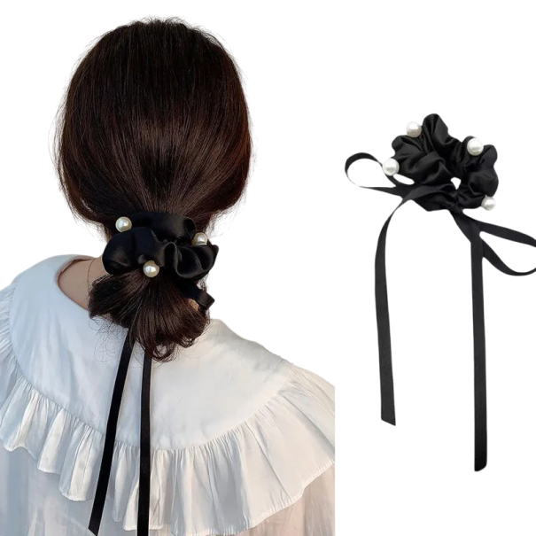 Scrunchie gumička do vlasů s perlami a mašlí Černá Elegantní vlasová ozdoba Sametová gumička Módní doplněk Stylová mašlička pro ženy 1