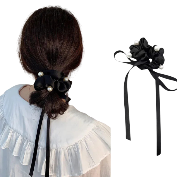 Scrunchie γυναικεία γόμα μαλλιών με πέρλες και φιόγκο Μαύρη Εντυπωσιακό αξεσουάρ μαλλιών Βελούδινη γόμα Μοντέρνο αξεσουάρ Στυλάτος φιόγκος 1