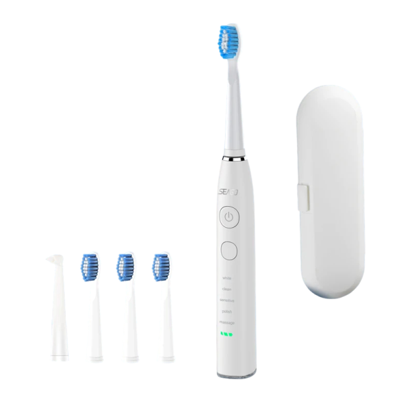 Seago elektrischer sonic Zahnbürste SG-575 USB wiederaufladbar 360 Tage Akkulaufzeit IPX7 4 Ersatzköpfe Reiseetui ABS+TPE weiß