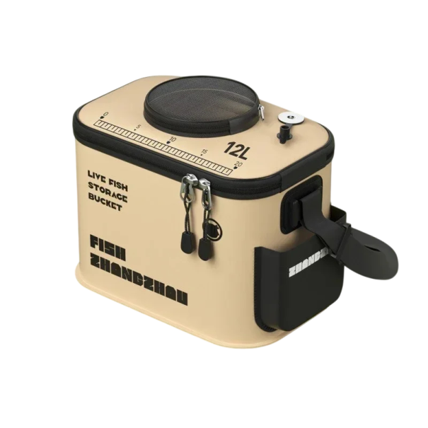 Seau de pêche pliable 12 l avec couvercle et filet 30 × 20 × 19 cm en matériau EVA beige avec poche et support pour poissons vivants 1