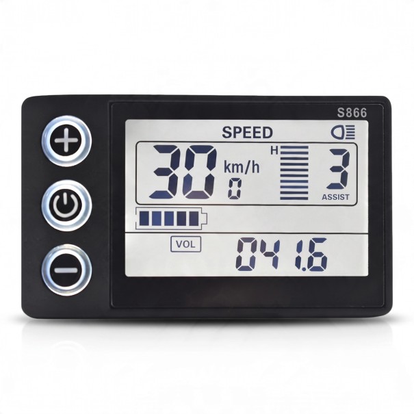 Sebességmérő elektromos kerékpárhoz LCD kijelző S866 háttérvilágítással és 5 PAS üzemmóddal 8 x 5 x 1 cm SM 6 PIN csatlakozó Fekete 1
