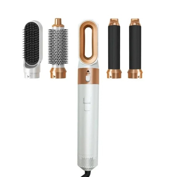 Secador de cabelo 5 em 1 com acessórios intercambiáveis Kit de escovas quentes Curling Iron Prensa Ferramenta de styling para uso doméstico e profissional dourado