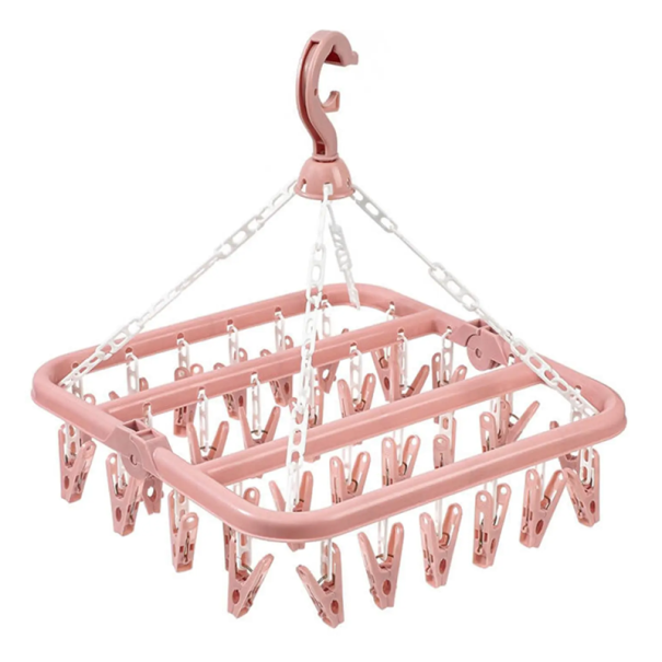 Secador de roupa suspenso dobrável em plástico 32 pregadores 32 x 32 x 34 cm Secador prático para roupas em casa ou na varanda Dobrável e poupador de espaço rosa