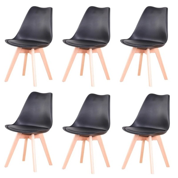Sedia da Pranzo Set di 6 Pezzi Stile Scandinavo Scocca con Seduta Imbottita in PU Altezza Seduta 48 cm Gambe in Legno Per Sala da Pranzo nero