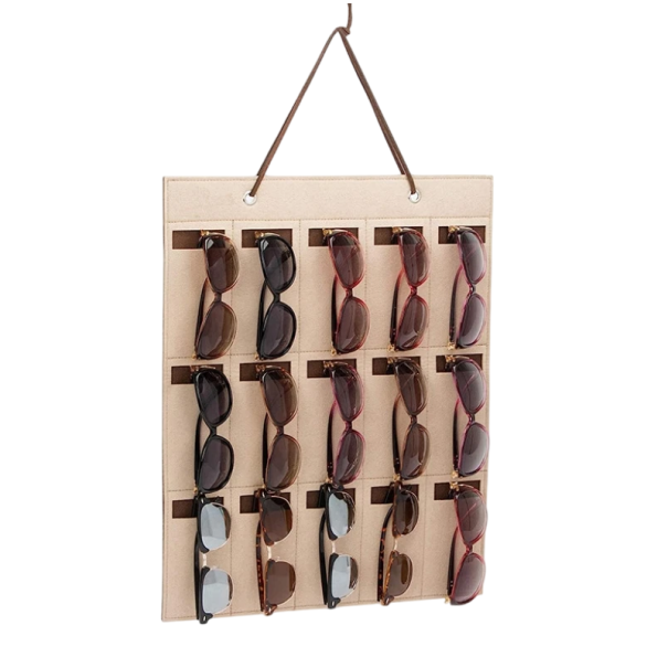 Seinäkiinnitettävä taitettava silmälasien järjestäjä 50 x 40 cm 15 taskua Pystysuora ripustusteline silmälaseille Säilytysjärjestelmä kotiin beige