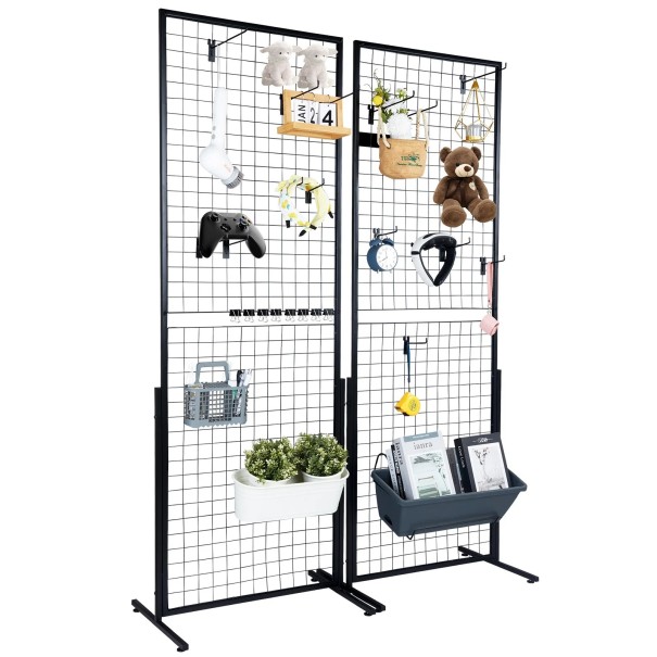 Seisova metalliverkkotaulu 84 × 57,8 cm Musta teräksinen teline tuotteiden esittelyyn koukuilla 1