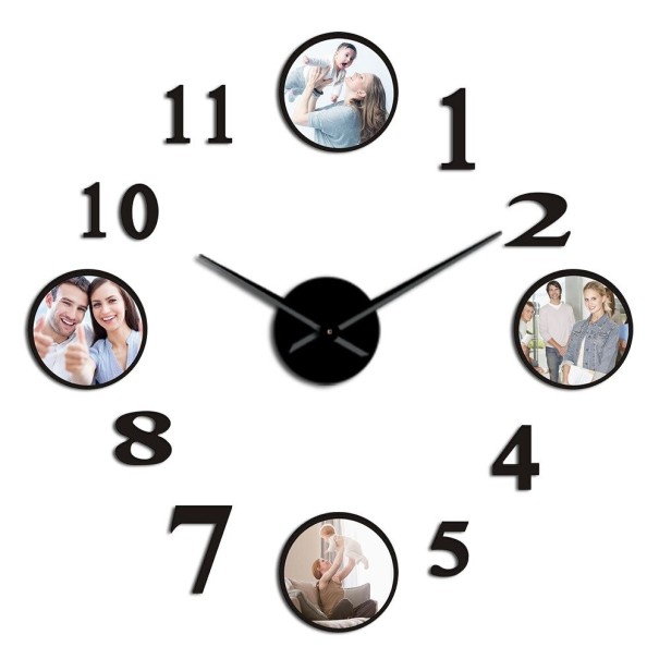 Selbstklebende Wanduhr mit Fotorahmen schwarz 94 cm
