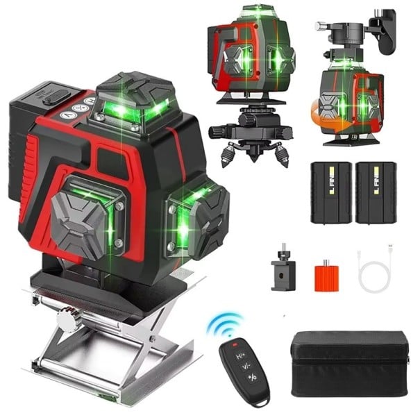Selbstnivellierende Laserwasserwaage 16 Linien mit grünem Strahl 505 bis 520 nm, USB-C-Ladung, zwei Batterien und Tasche rot-schwarz